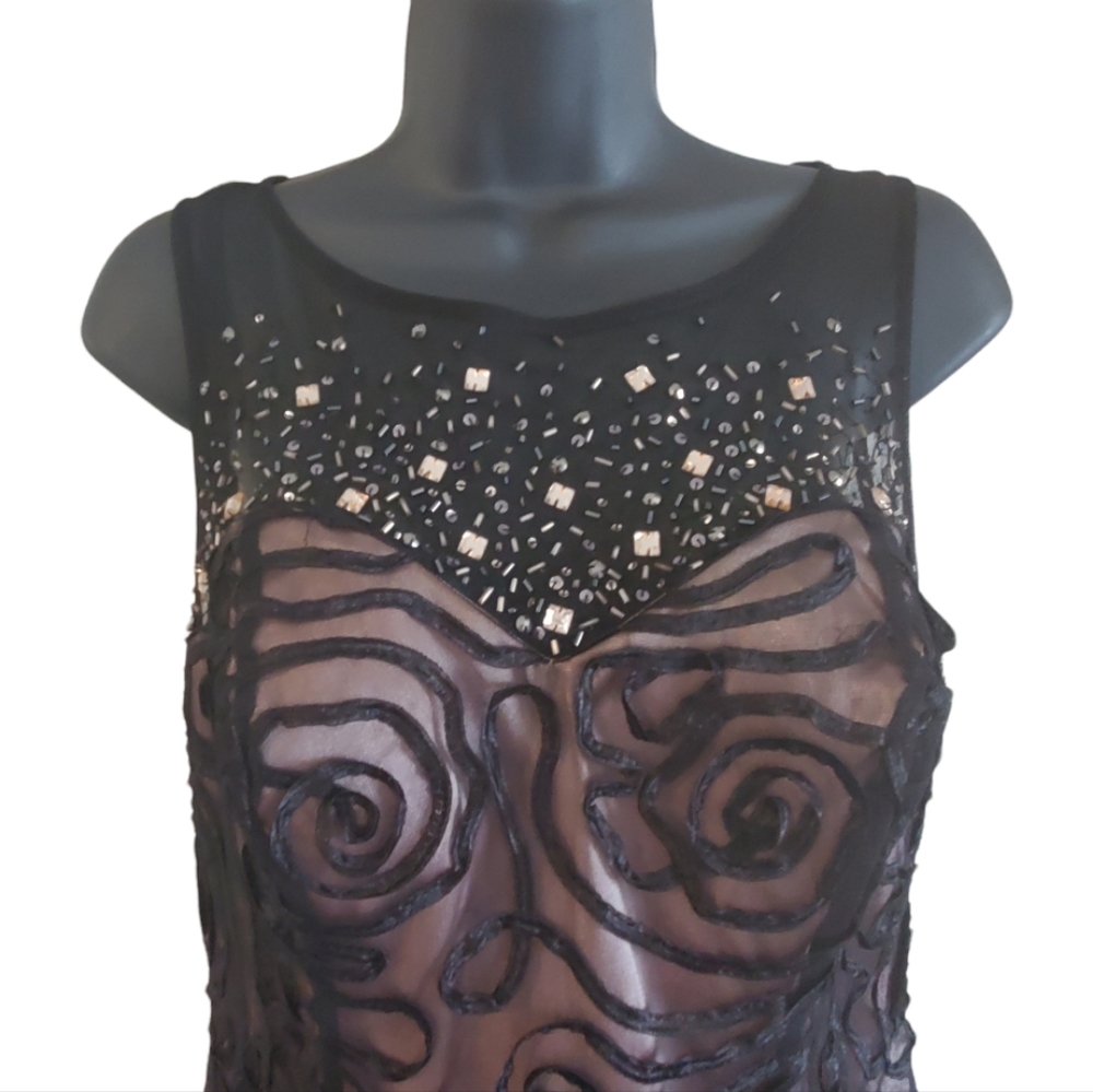 Ignite Evening Black and Tan Lined Dress With Beaded Illusion Neckline Size 10 - Picture 7 of 15